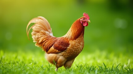 Fototapeta premium Colorful rooster walks confidently across green grass in bright daylight