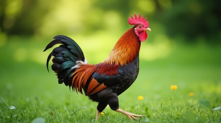 Fototapeta premium Colorful rooster walks confidently across green grass in bright daylight