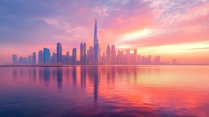 Fototapeta premium Downtown Dubai with skyscrapers submerged in think fog. Picture taken from unique view. Tall buildings. Early morning glow from aerial top view