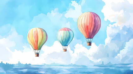 Fototapeta premium Watercolor colorful hot air balloons floating in the sky above the river illustration. Floating Hot Airships. Illustration