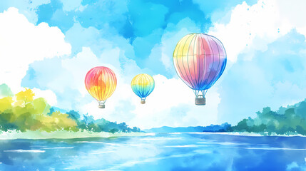 Obraz premium Watercolor colorful hot air balloons floating in the sky above the river illustration. Floating Hot Airships. Illustration