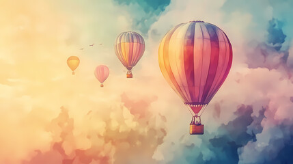 Obraz premium Watercolor colorful hot air balloons. Floating Hot Airships. Illustration
