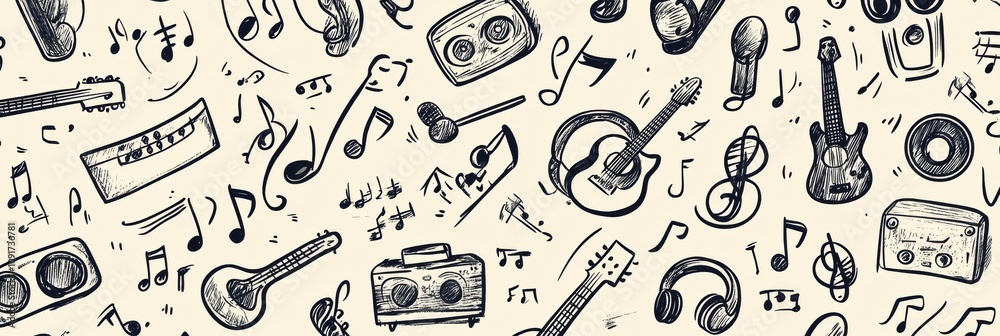 Poster the pattern showcases various musical instruments, notes, headphones, and speakers, creating a livel