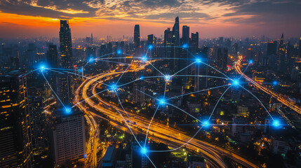 Obraz premium Smart digital Innovation Business skyscrapers in the Financial District with connection network reciprocity over the cityscape. of future smart wireless digital city and social media networking