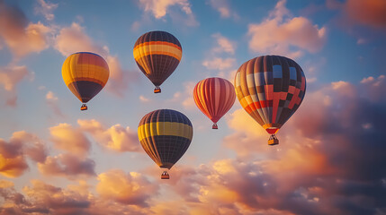 Obraz premium Five colorful hot air balloons are floating in the sky. Floating Hot Airships. Illustration