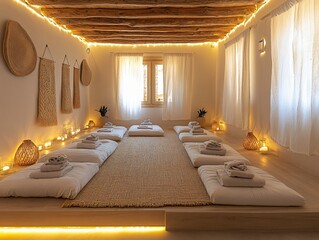 Tranquil yoga studio featuring minimalistic decor and warm lighting for relaxation