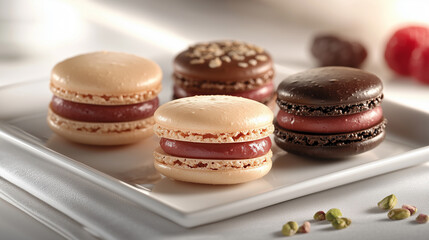 Fototapeta premium Delicate French macarons displayed on a white plate in a sunny cafe setting