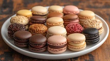 Delicate assortment of French macarons arranged on a white ceramic plate