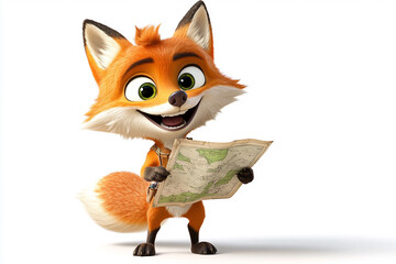 A cartoon-style fox with big eyes and a cheeky grin, holding a map and looking mischievously, white background