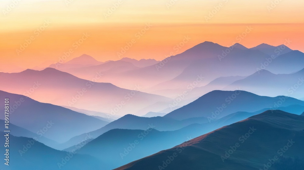 Aufkleber vibrant colors fill the sky as the sun sets behind a range of mountains, creating layers of blue and