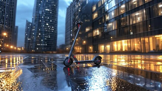 Electric scooter parked on a wet urban street at dusk with modern buildings reflecting city lights