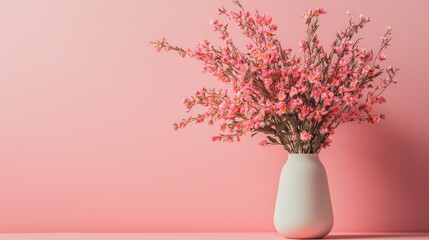 Pink flowers in a minimalist white vase against pastel wall