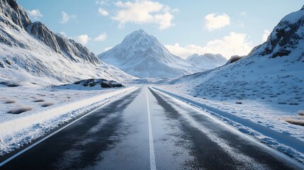 Snowy road framed towering mountain background image