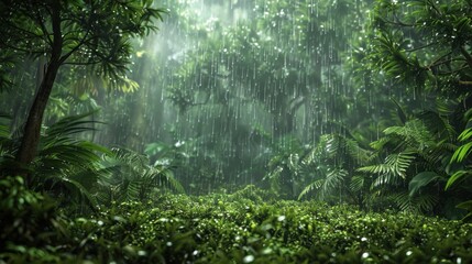 Fototapeta premium Lush Forest in Heavy Rainstorm with Water Droplets on Leaves and Rising Mist