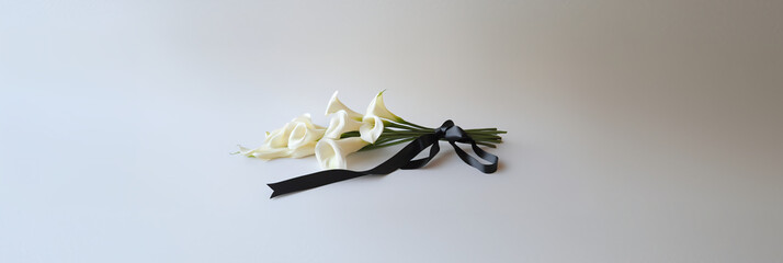 White calla lilies or lilies with black ribbon on white background. Template banner, funeral mourner symbol, for obituary, farewell services, condolences and funeral invitation with space for text