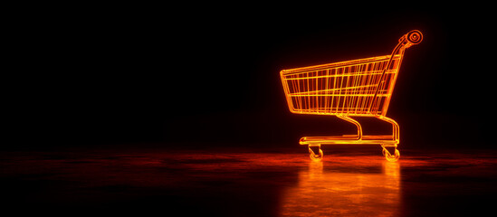 Neon outline of a shopping cart glows against a dark background, standing on a reflective surface. Concept of modern retail and shopping. For digital commerce themes