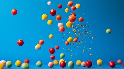 Colorful candy balls in mid-air against blue background