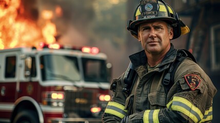 Naklejka premium Brave Fireman Standing Confidently with Fire Truck and Burning Building Backdrop