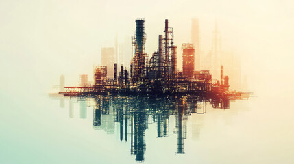 Obraz premium Future factory plant and energy industry concept in creative graphic design. Oil, gas and petrochemical refinery factory with double exposure arts showing next generation of power and energy business