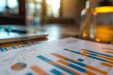 A comprehensive report showcases vibrant graphs and charts on a desk in a cozy office. A laptop and a bottle of water reflect a focused work atmosphere.
