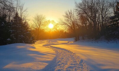 A beautiful winter sunrise brightens the horizon as golden light reflects off a winding path through a snowy landscape. Trees stand silhouetted against the sky.