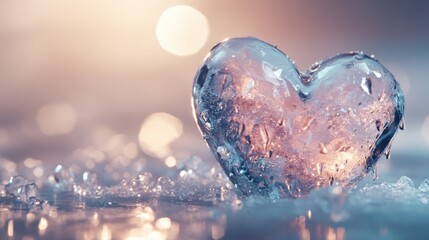 Obraz premium A frozen ice heart with jagged edges and glossy finish, adorned with delicate water droplets sliding down its surface, resting on a frosty, textured background.