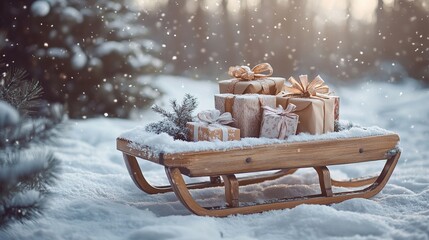 Winter sleigh filled with festive gifts in snowy forest