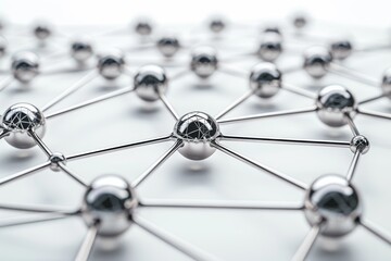 A network of shiny metallic spheres is interconnected by thin rods, creating an intricate structure that reflects light, emphasizing its geometric design and symmetry.