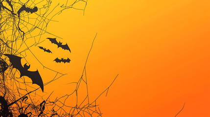 Happy Halloween day poster or banner vector template. Halloween big moon, pumpkin ghost, wizard hat, cute ghost, cartoon skull, spider web and realistic 3d design plastic style halloween elements.