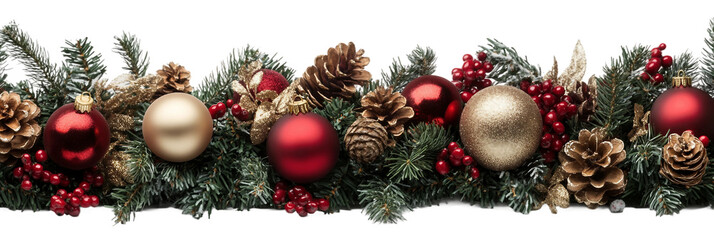 Christmas garland with red and gold ornaments pine isolated on a transparent background, PNG file