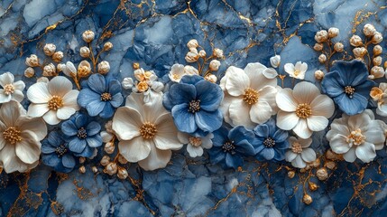 A decorative floral arrangement on a blue marble background.