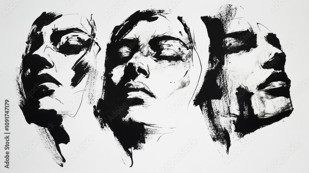 Poster three black and white ink portraits showcase unique facial expressions. generative ai