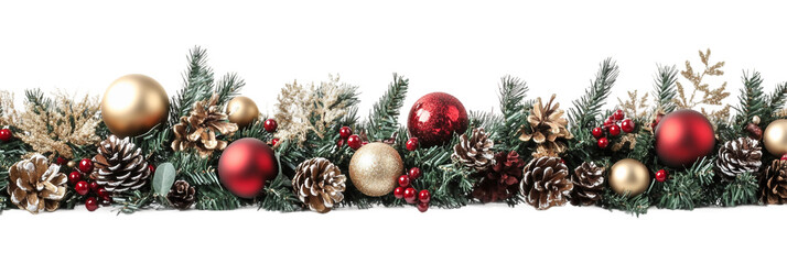 Christmas garland with red and gold ornaments pine isolated on a transparent background, PNG file