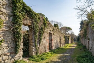 Crumbling stone walls with vines and moss, weathered, rugged terrain, natural growth, vines