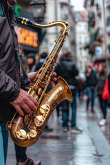 Obraz premium Street Musician Playing a Bamboo Saxophone Amidst Lively City Vibe