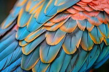Obraz premium The feathers of a tropical parrot display an array of vivid blues and oranges, showcasing their intricate pattern and texture under natural light.