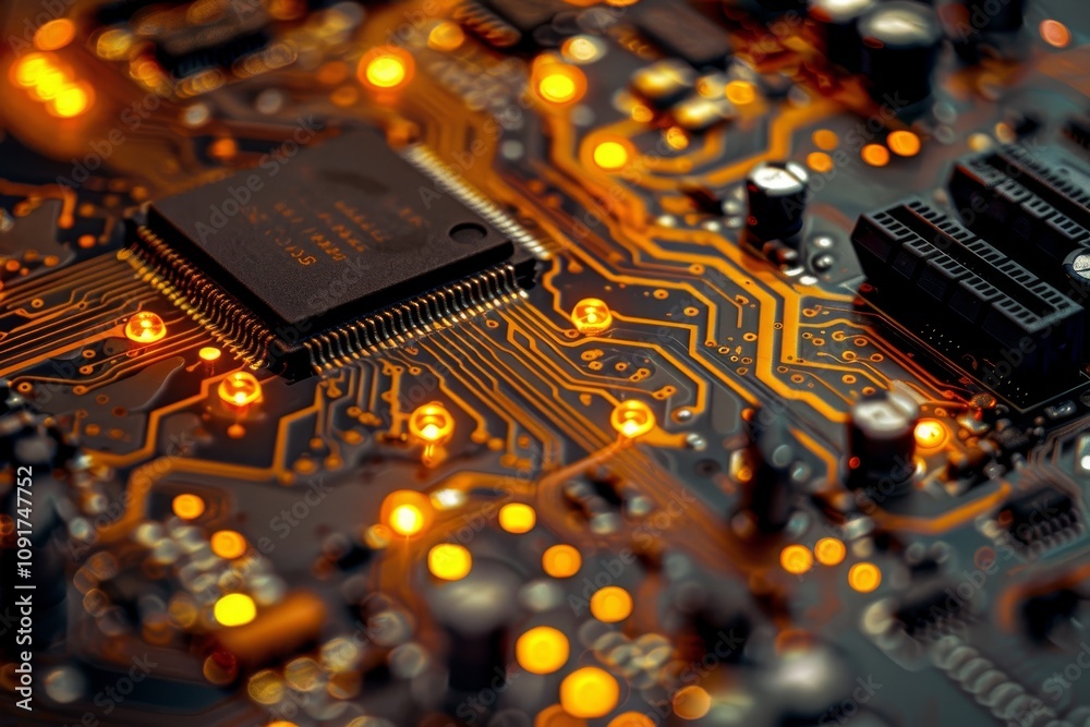 Poster a detailed view of a circuit board with bright glowing components and a central microchip, illustrat