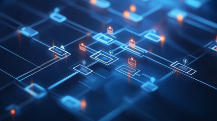 Obraz premium Organization chart with hierarchy structure of teams and employees in company. Business process and workflow automation with flowchart. Business and technology concept.