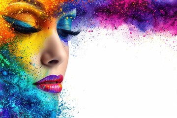 A vibrant, artistic portrayal of a woman's face, adorned with colorful splashes, showcasing creativity and beauty in a modern design.
