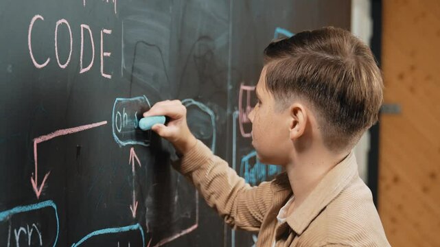 Closeup of smart student or boy writing prompt on blackboard. Child plan project and setting engineering system and brainstorm creative idea wrote on blackboard. Focus on hand. Site view. Erudition.