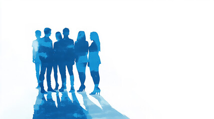 High tech digital technology and business team concept with a group of people in silhouette standing together, in blue colors, on a white background, with space for text vector illustration.