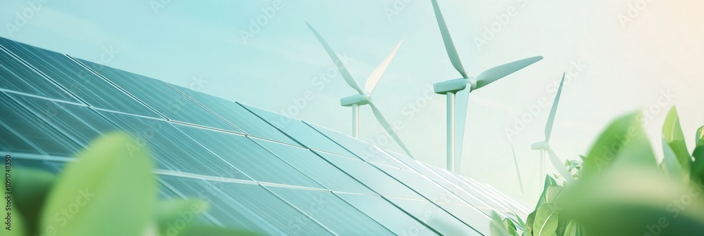 Poster Green energy advancements are highlighted through solar panels and wind turbines under a bright sky, surrounded by abstract natural patterns. Generative AI