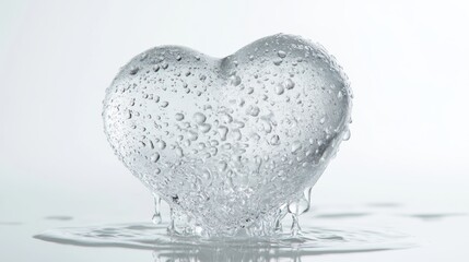 Fototapeta premium A melting ice heart with glistening water droplets pooling around its base, displayed on a sleek white background. The delicate contours of the ice emphasize its ephemeral beauty and fragility.
