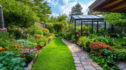 Obraz premium A vibrant garden path winding through colorful flowers and plants alongside a charming greenhouse in full bloom during a sunny day