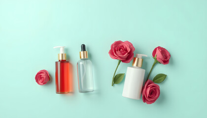 Cosmetic bottles with rose flower on color background, top view isolated with white highlights, png