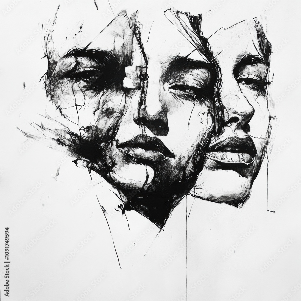 Poster Strong contrasts and intricate lines capture the essence of emotions in these dynamic black and white portraits, revealing unique expressions. Generative AI