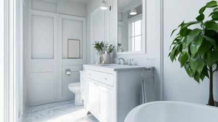 Fototapeta premium Modern bathroom sink with natural decor in a serene setting featuring a minimalist design and abundant greenery