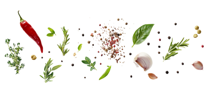 Floating herbs and spices isolated on a transparent background, PNG file