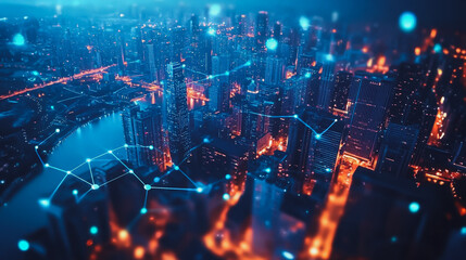 Fototapeta premium Smart digital Innovation Business skyscrapers in the Financial District with connection network reciprocity over the cityscape. of future smart wireless digital city and social media networking