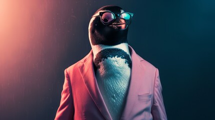 A dapper penguin in a pink suit and sunglasses strikes a confident pose